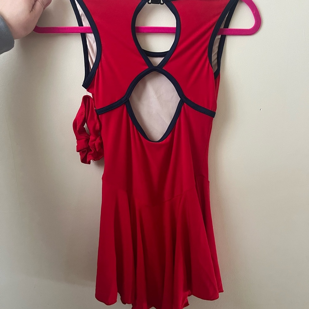 Red Sleeveless Figure Skating/Dance Dress with Navy Trim - Picture 2 of 2